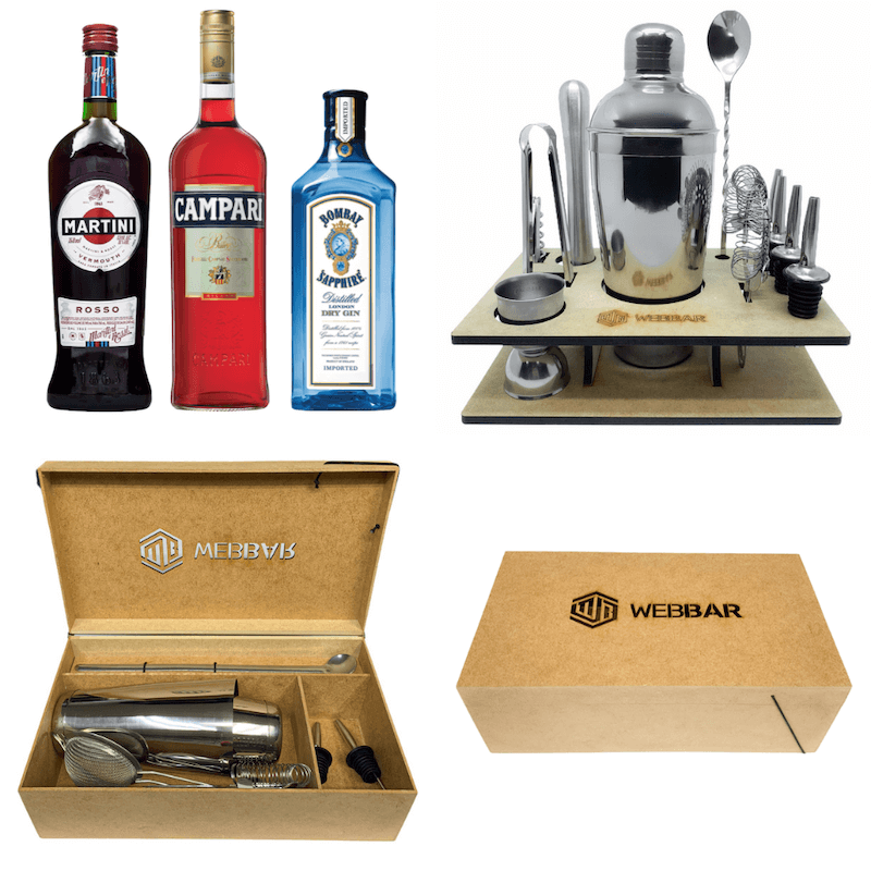 Presente com bebidas e utensílios de bar