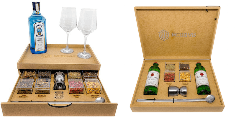 Presente com bebidas e especiarias para fazer drinks em casa