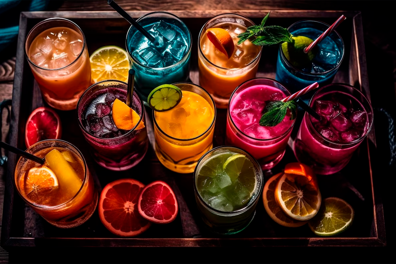 Uma bandeja cheia de drinks coloridos e de diversos sabores