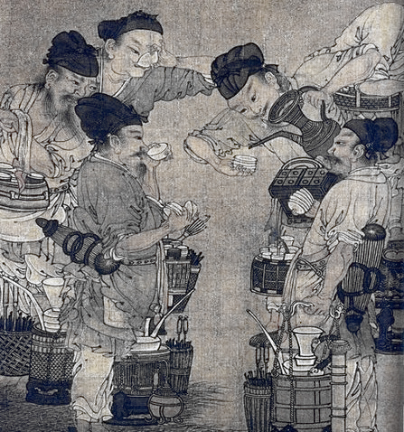 Desenho ilustra pessoas bebendo chá na china antiga