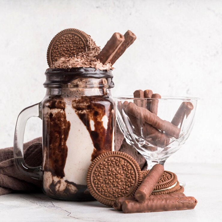 Sobremesa em um copo enfeitado com canudos de chocolate